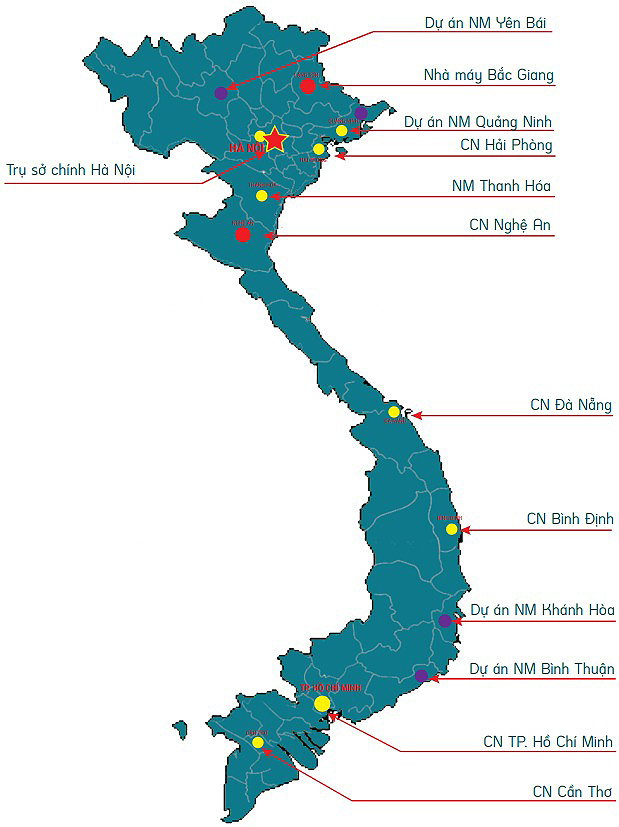 1. Hệ thống nhà máy sản xuất, kho bãi, văn phòng làm việc rộng khắp cả nước